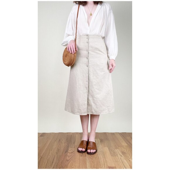 Vintage Linen Button Down Midi Skirt A-line Old Money Quiet Luxury French Girl - Picture 6 of 9